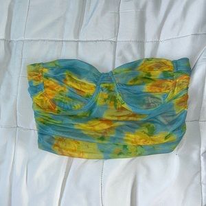 Zara Strapless Blue and Yellow Top